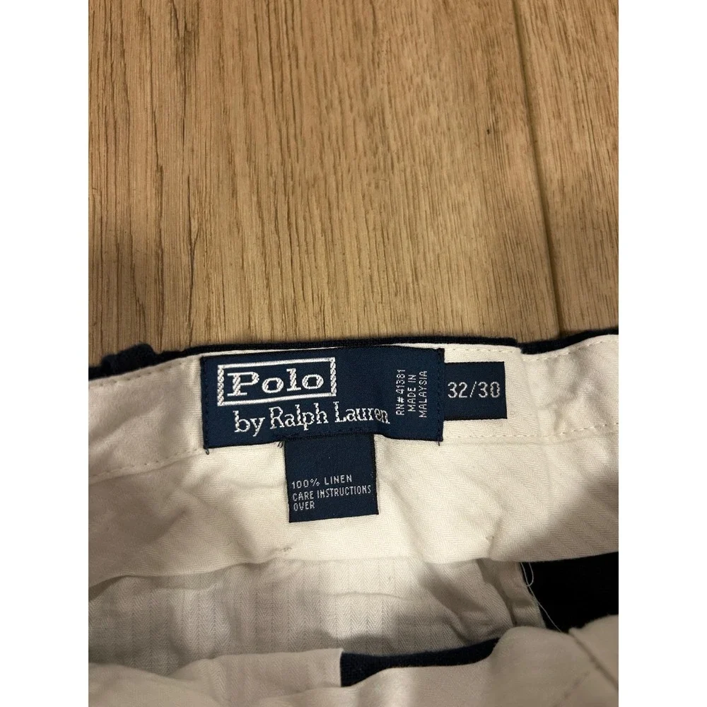 Polo Ralph Lauren Mens 32x30 Navy Blue 100% Linen Pleated Cuffed Trousers Pants